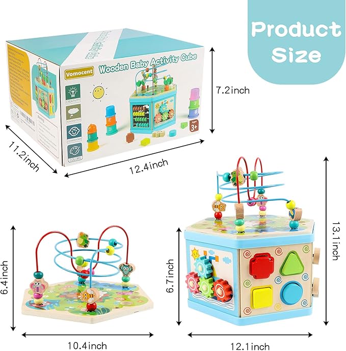 Wooden Activity Cube for 1 Year Old Kids, Educational Learning Bead Maze for Toddler Age 1-3, Developmental Montessori Toys for 12-36 Months Boys Girls Gift