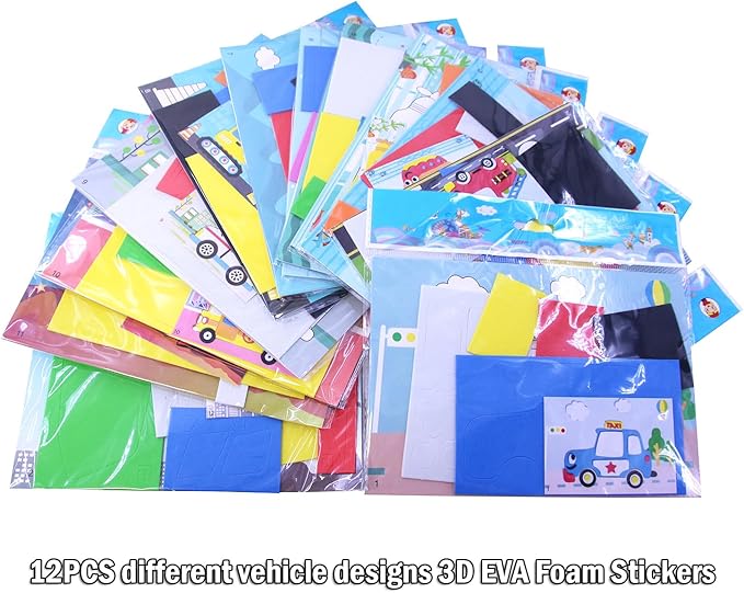 Lovyan 3D EVA Foam Stickers for Toddlers 12PCS Sticky Foam DIY Craft Preschool Art Class Drawing Sticker Puzzle Art Kit for Kids Boys Girls (Vehicles)