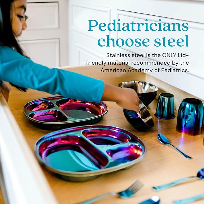 Ahimsa Stainless Steel Kids Dinnerware Set - 5 Piece Stainless Steel Toddler Plates and Bowls Set, Pediatrician Designed, Plastic Free Toddler Plate and Bowl, Kids Utensils and Cup (Blue)