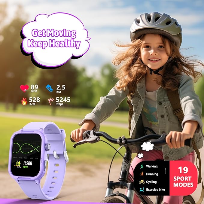 Smart Watch for Kids No Phone Needed, Tempered Glass Fitness Tracker Watch Boy Girl Teens with 19 Sport Modes, Pedometer, Sleep Monitor, Kids Watch Birthday Gifts Toy Gift for Girls Boys 6-16 (Purple)