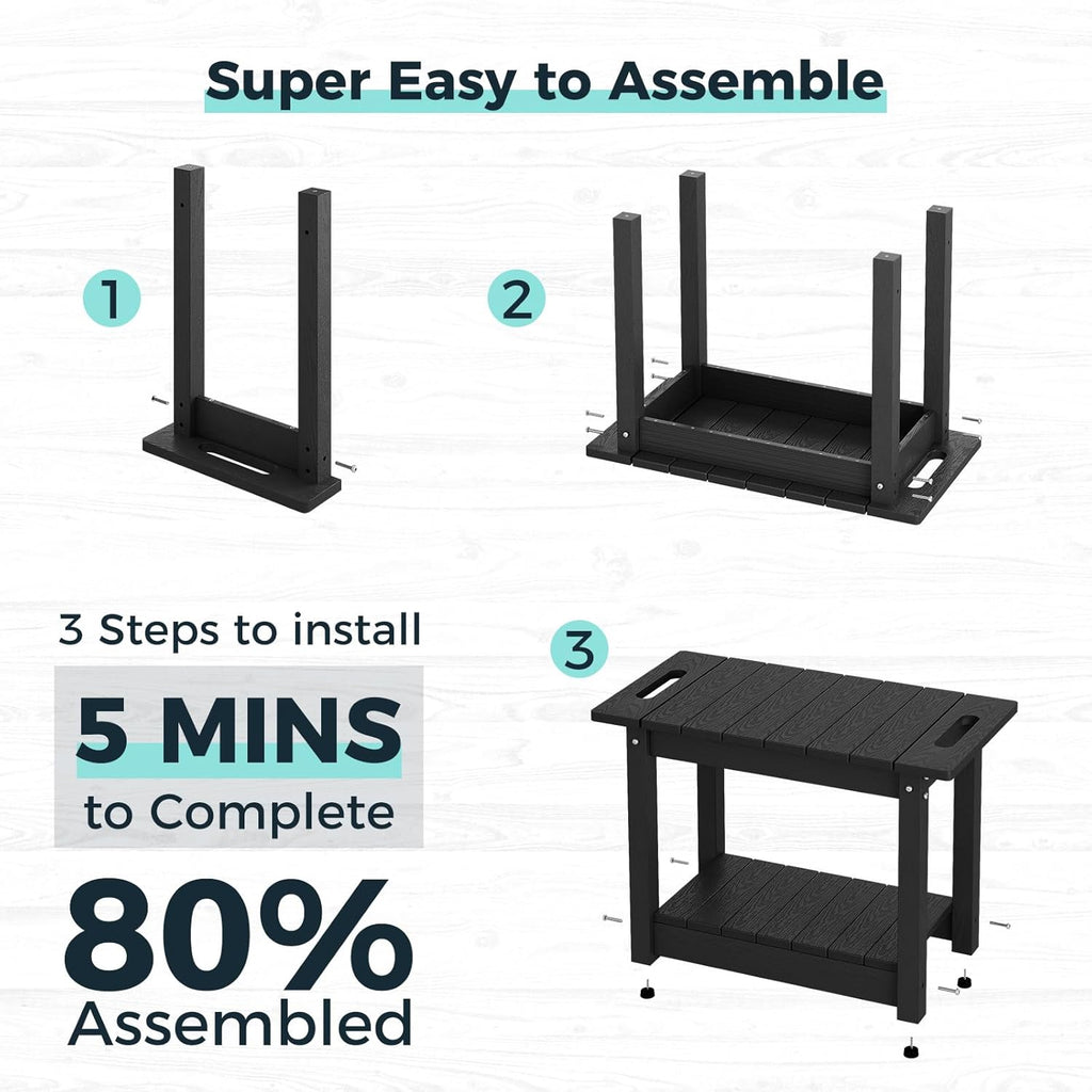 Waterproof Shower Bench, 24" Poly Lumber Shower Stool for Shaving Legs, Shower Chair Seat with Storage Shelf and Handles, Bathroom Bench for Inside Shower, Non-Slip (Black)