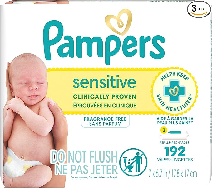 Pampers Baby Wipes Sensitive, Water Based Wipes, Hypoallergenic and Unscented Wipes, 192 Wipes Total (3 Refill Packs)