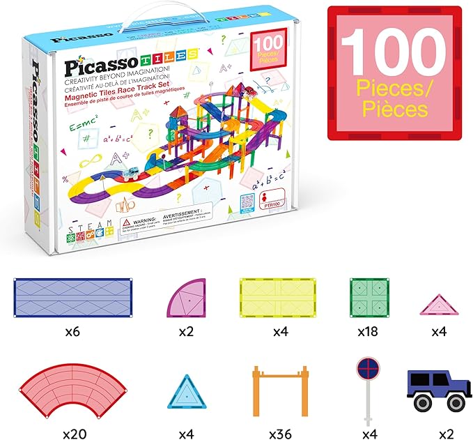 PicassoTiles 100pc Magnetic Tiles Race Track Building Set with LED Cars Adjustable Roads and Signs STEM Construction Toy Kit for Kids Educational Learning Toy for Boys and Girls Ages 3 and Up PTR100