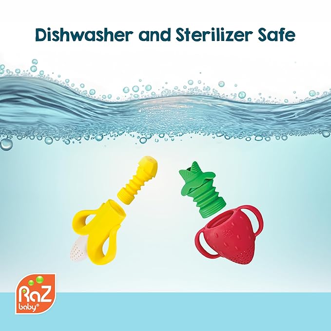 RaZbaby Fruitique Fruit Feeder One-Piece Baby – Larger Opening for Refilling & Fits More Fresh/Frozen Fruit for Teething Relief, Easy to Hold, Safer Design, BPA-Free, Dishwasher Safe - Banana