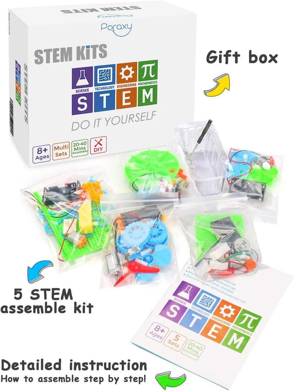 Poraxy 5 Set STEM Science Kits for Kids Ages 8-12, Robotics Model Car, Toys for Ages 8-13, Building Engineering Experiment Projects, Birthday Gifts for Boys Girls 6 7 8 9 10 11 12 13 Year Old