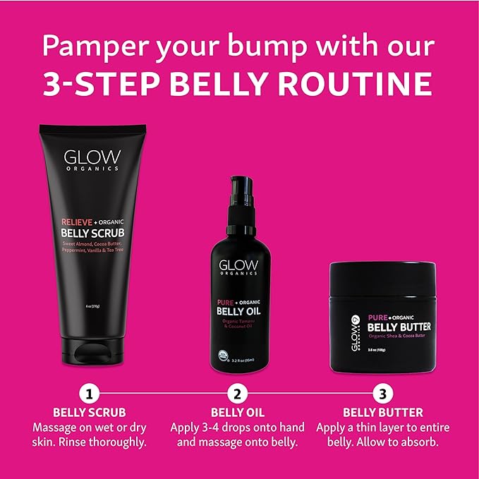 Pregnancy Bump Box, 3-Step Routine, Kit with Belly Scrub, Oil and Butter for Stretch Marks, Organic, Maternity Skin Care, Clean Beauty, The Perfect Gifts for Expectant Moms