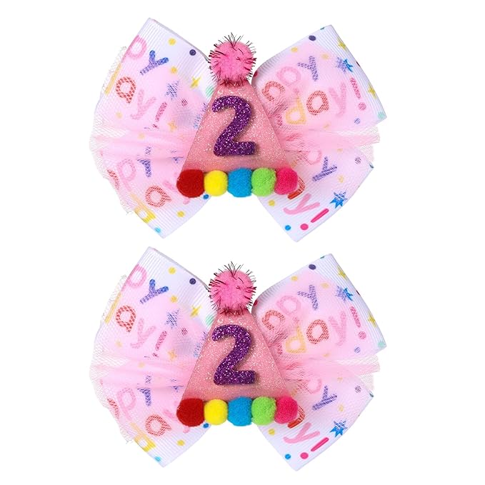 Birthday Hair Bow for Baby Girls 1 2 3 4 5 6 Year Old Sprinkle Hair Clips Happy Birthday Decorations for Girls Toddlers With Pom-Poms Ice Cream Candy Party Pink Hair Accessories for 2nd Sweet Party