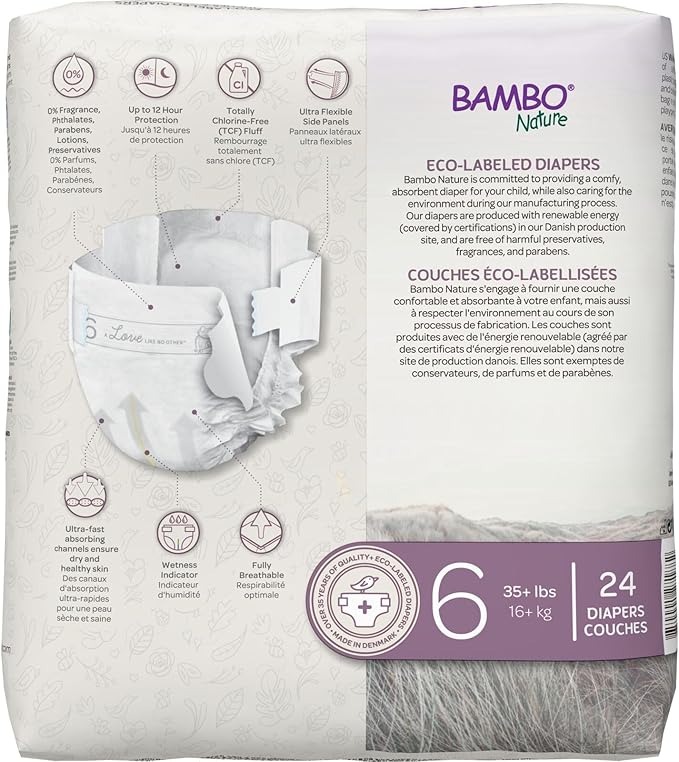 Bambo Nature Hypoallergenic Baby Diapers, Eco-Labelled Sustainable Diapers, Enhanced Leakage Protection, Totally Chlorine-free, Skin Friendly, and Super Absorbent - Size 6 (24 Count)