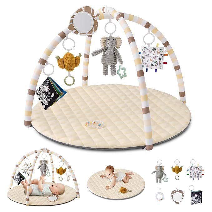 Blissful Diary Baby Play Gym Mat, Tummy Time Activity Mat with 6 Detachable Toys for Stage-Based Sensory & Motor Skill Development, Easy to Install & Clean, Baby Essentials Gift, Sandy Beige