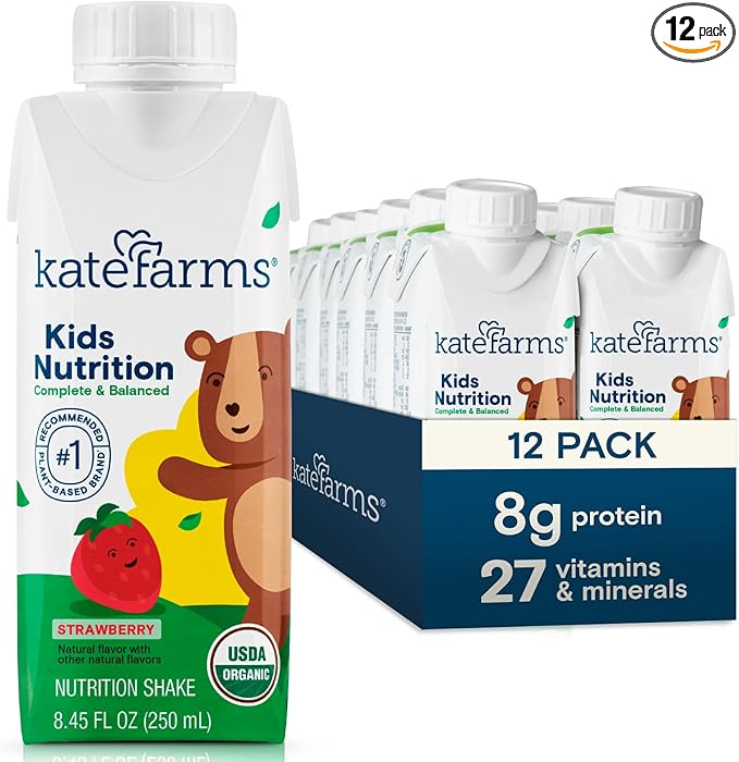 KATE FARMS Organic Kids Nutrition Strawberry Shake, 8g Protein, 27 Vitamins and Minerals, Meal Replacement, Gluten Free, Non-GMO, 8.45 oz (12 Pack)