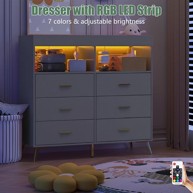 Changing Table Dresser with Drawers, Baby Dresser with Changing Table Top, Power Outlet, LED Light & Metal Feet, Diaper Changing Station Nursery Organizer for Infants Newborn (Grey)