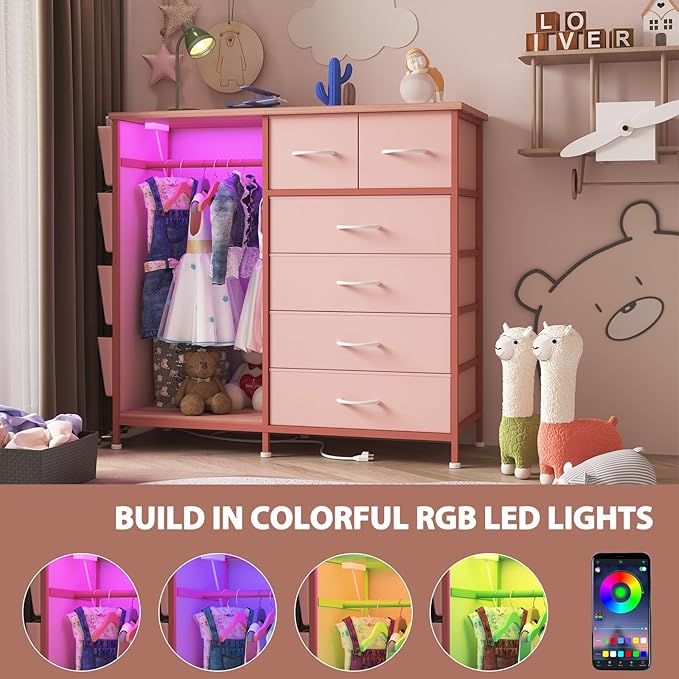 6 Drawer Dresser for Bedroom with Clothes Rack, Clothes Dresser with Side Pockets and Hooks, Charging Station & LED Lights, Wooden Top, Fabric Storage (Pink)