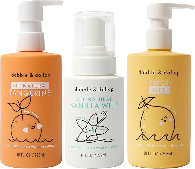 Dabble & Dollop Citrus Kiss Bundle, Natural Bubble Bath, Body Wash & Shampoo for Kids, Paraben & Sulfate Free, Vegan, Gluten-Free, Tear-Free, Tangerine, Vanilla, Lemon (Set of 3)