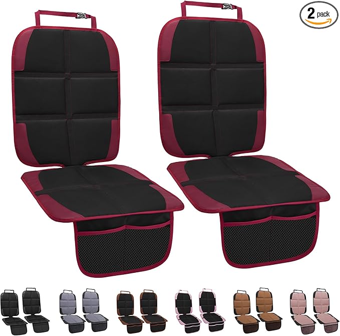 Car Seat Protector for Child, 2 Pack With Mesh Pockets & Non-Slip Backing 600D Durable Under Baby Seat Cover for Back Seat (Burgundy, Standard)