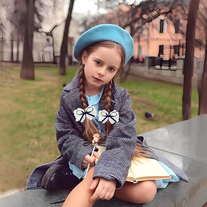 2pcs Navy Blue & White Lace Hair Bows, Alligator Bow Hair Clips, Handmade Hair Accessories