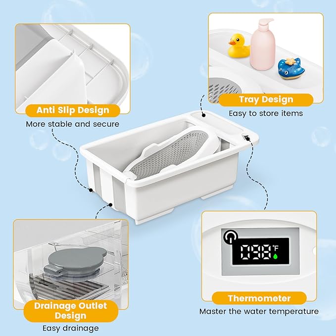 Collapsible Baby Bathtub with Smart Temperature Display, Portable Travel Bathtub, Ideal for 0-36 Months Infants