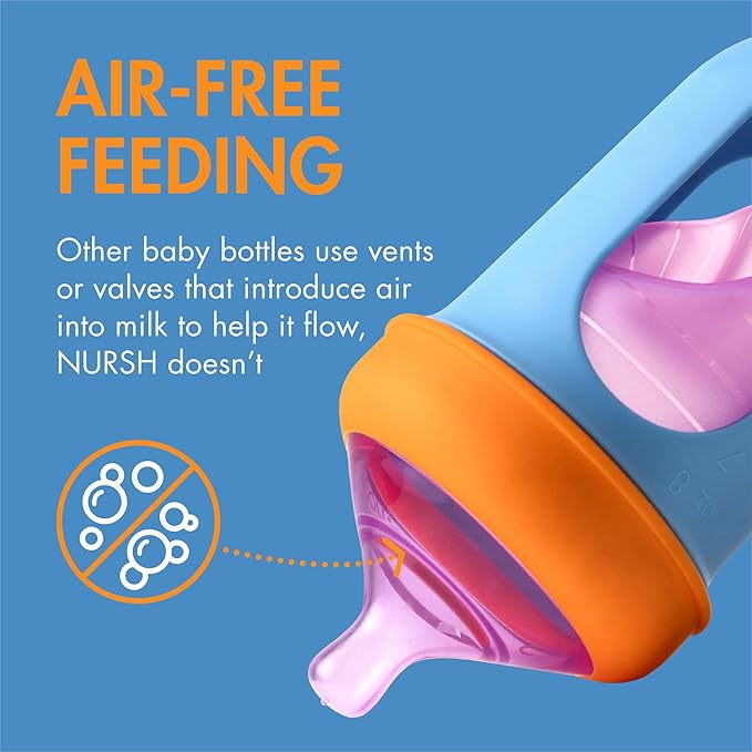 Boon Nursh Reusable Silicone Pouch Baby Bottles - Medium Flow Nipple - Silicone Baby Bottle Pouch and Nipple - Baby Feeding Essentials - Color Block - 3-6 Months - 3 Count - 8 Ounce