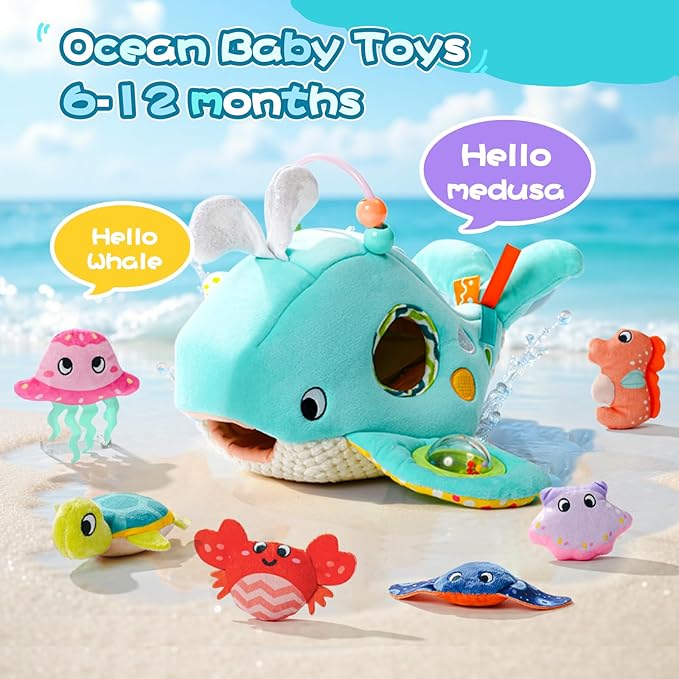Koty Baby Toys 6-12 Months, Montessori Sensory Toys,My First Ocean Whale House Toy with 6 Sea Animals | Bell Shell, Squeaky Seahorse & Crinkle Paper | Baby Gift