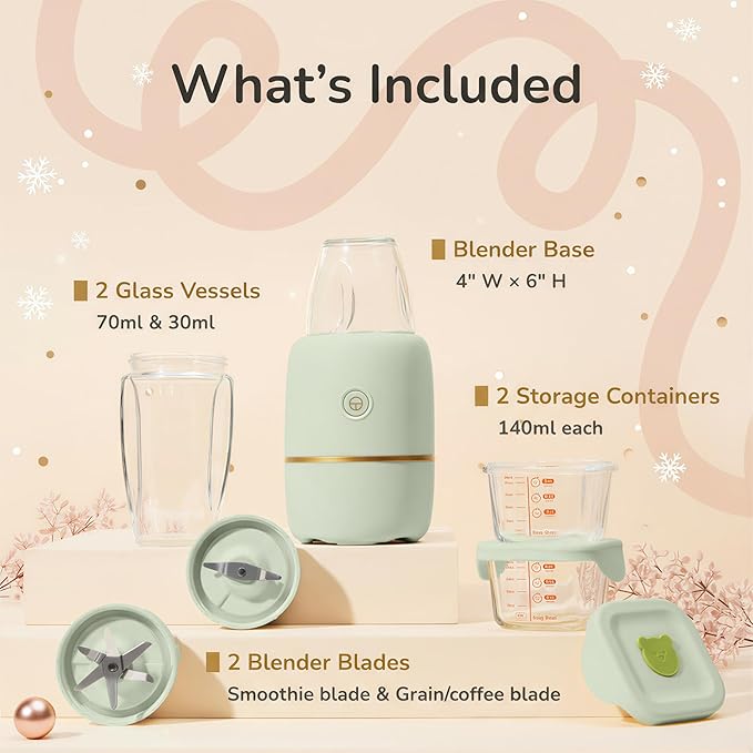 Bubble Blender, Baby Food Maker & Puree Blender with 2 Borosilicate Glass Cups, Compact Baby Bullet for Smoothies, Hands-Free One-Touch, 200W Motor, Sage