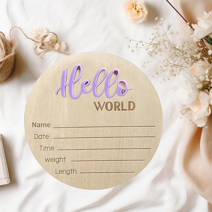 Baby Announcement Sign, 5.9 Inch Wooden Hello World Newborn Signs, Birth Announcement Sign, Baby Shower Hospital Nursery for Newborn Boys and Girls (Purple,Pen)