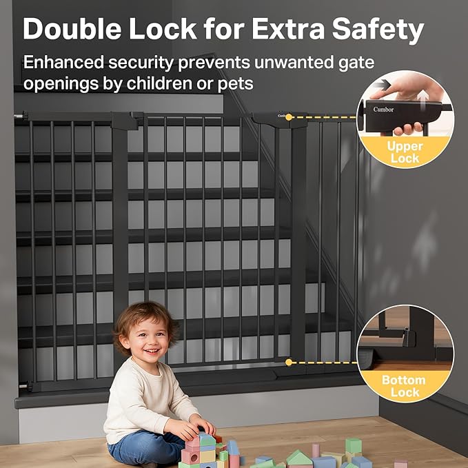 Cumbor 36" Extra Tall 29.7"-51.5" Baby Gate for Stairs, Easy Wall Through Dog Gates for Doorways Extra Wide, Pressure Mounted Tall Pet Gate Indoor, Safety Auto-Close Child Gate for Kids, Black