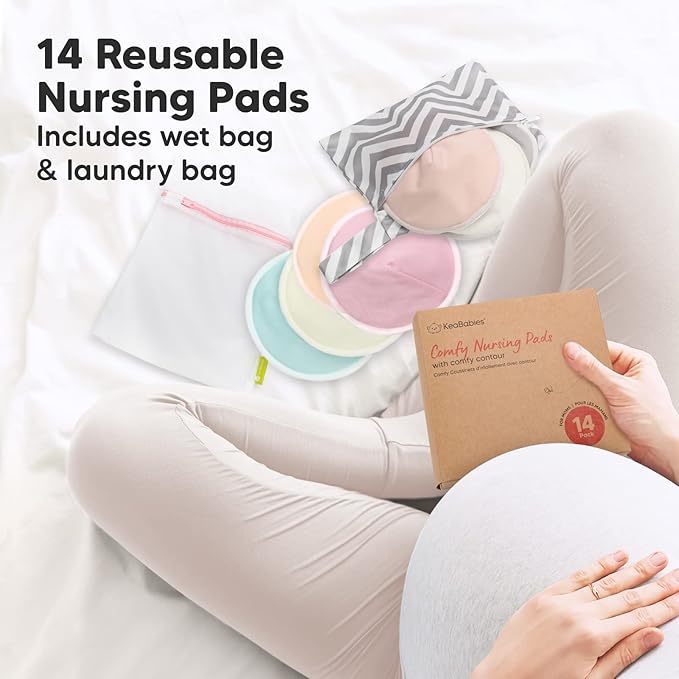 Organic Nursing Pads - 14 Washable Viscose Derived from Bamboo Breastfeeding Pads, Wash Bag, Reusable Breast Pads for Breastfeeding, Nipple Pads for Breastfeeding Essentials(Pastel Touch, XL 5.5")
