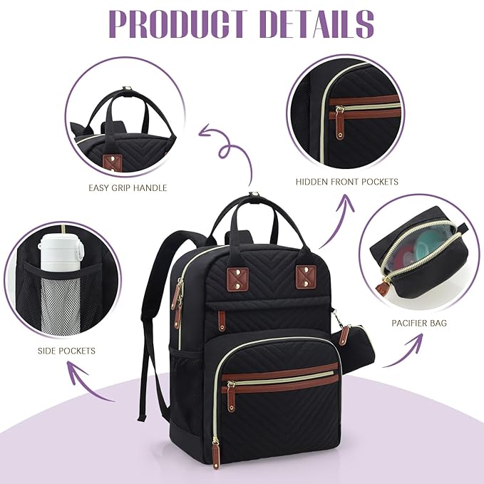 Tuwubi Diaper Bag Backpack, Baby Essentials Travel Tote Bag, Multi function Waterproof Backpacks, Travel Essentials with Stroller Straps & Pacifier Case - Black