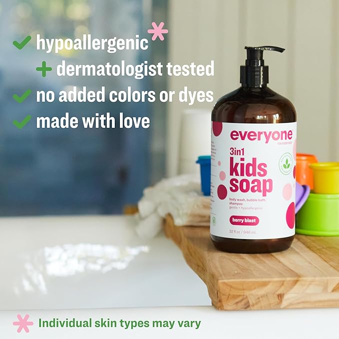 Everyone 3-in-1 Kids Soap, Body Wash, Bubble Bath, Shampoo, 32 Ounce (Pack of 2), Berry Blast, made with Essential Oils for Toddlers, tweens and teens