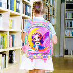 Girls Rolling Backpack, Cute Moon Fairy Roller Wheels Kids Bookbag - Wheeled Elementary School Bag - 3PCS Moon Fairy