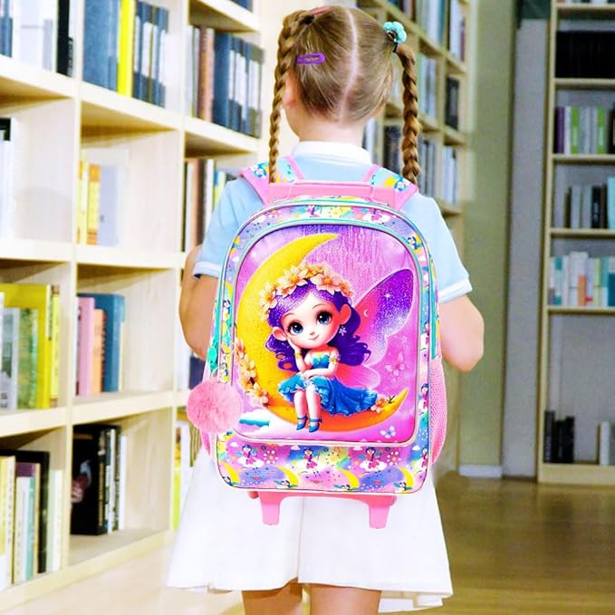Girls Rolling Backpack, Cute Moon Fairy Roller Wheels Kids Bookbag - Wheeled Elementary School Bag - 3PCS Moon Fairy