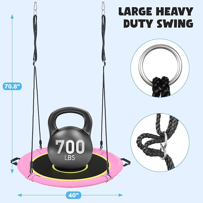 Hapfan 40" Saucer Tree Swing for Kids and Adults, Disc Round Swing for Kids Outdoor with Swivel, UV-Resistant Textilene Fabric, 700 lb Weight Capacity, 9.8 FT Hanging Straps, 2-Year Warranty(Pink)