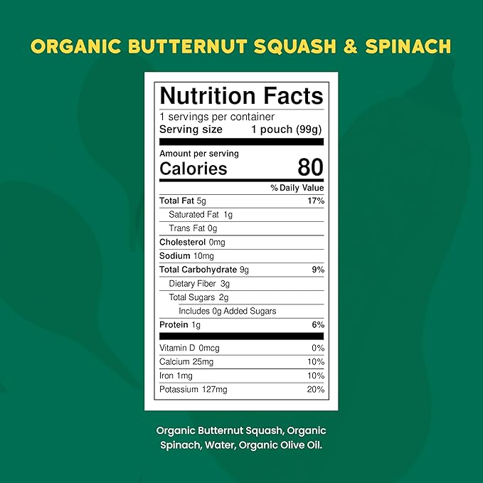 Serenity Kids 6+ Months Veggie Puree Baby Food Pouches - USDA Organic No Added Sugar - Butternut Squash & Spinach Blend - BPA & Allergen Free - 3.5 Oz, 6 Pack