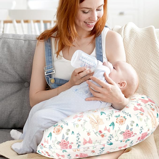 GFU Nursing Pillow Cover for Boys and Girls, Breastfeeding Pillow Case for Newborn, Soft Baby Breastfeeding Pillow Slipcover Colourful Bow & Flowers, Stretchy Feeding Cover (Cover Only)