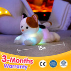 Glow Guards Light up Calico Cat Stuffed Animal LED Soft Kitty Plush Toy Pillow with Night Lights Lullaby Birthday Children's Day Gifts for Toddler Kids, 15''
