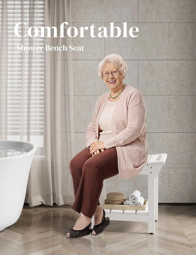 Waterproof Shower Bench, Poly Lumber Shower Stool for Shaving Legs, Shower Chair Seat with Storage Shelf and Handles, Bathroom Bench for Inside Shower, Non-Slip