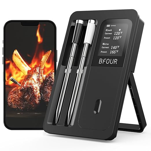 BFOUR 524FT Meat Thermometer Digital Wireless with Smart App, Bluetooth Smoker Cooking Thermometer with LCD Booster, IP67 Waterproof & 752°F Heat Resistance 2 Meat Probes for Food Grill Oven and BBQ