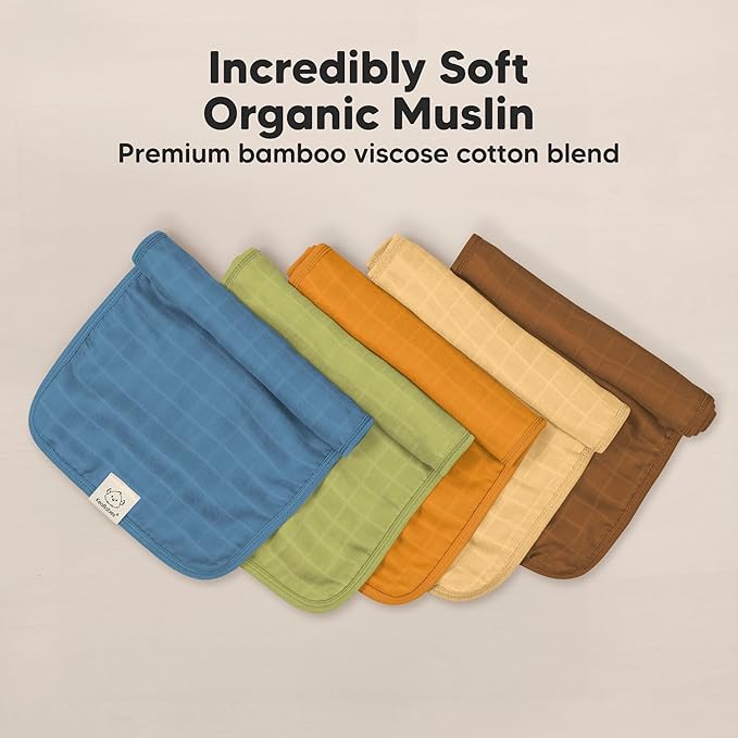 5-Pack Cotton Muslin Burp Cloths Baby Girls, Boys - Soft & Absorbent Spit Up Burp Rags, Large Muslin Towel, Cotton Wash Cloths for Babies, Newborn, Infant, No Shrink, Durable, Neutral (Primeval)