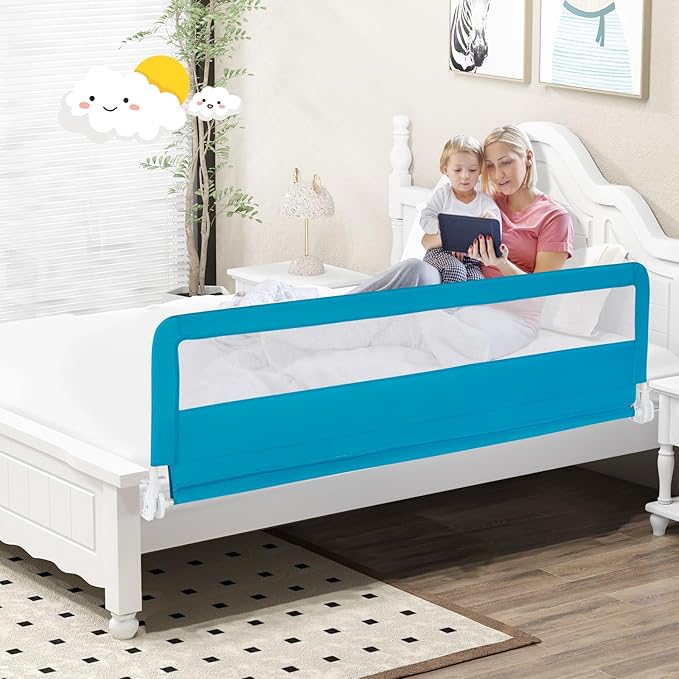 Costzon Bed Rail for Toddlers, 2 PCS Extra Long Swing Down Safety Bed Guards w/Straps for Convertible Crib, Kids Twin, Double, Full Size, Queen & King Bed, Folding Bed Rails for Baby (71-Inch, Blue)