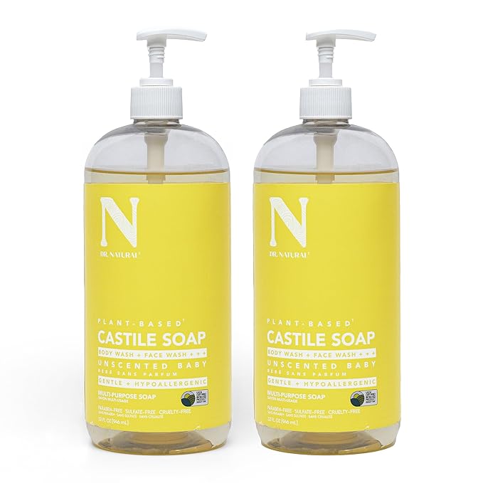 Dr. Natural Castile Liquid Unscented Baby Soap, Mild, 2 pc - Sulfate-Free, Paraben-Free, Cruelty-Free Multi-Purpose Soap with Shea Butter, Olive Oil