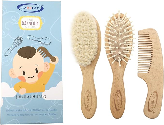 Baby Hair Brush & Comb Set, Organic Wooden Hairbrush Natural Goat Bristles 3-Piece for Newborns & Toddlers, Ideal for Cradle Cap & Itching, Perfect Shower and Registry Gift for Infant, Toddler, Kids