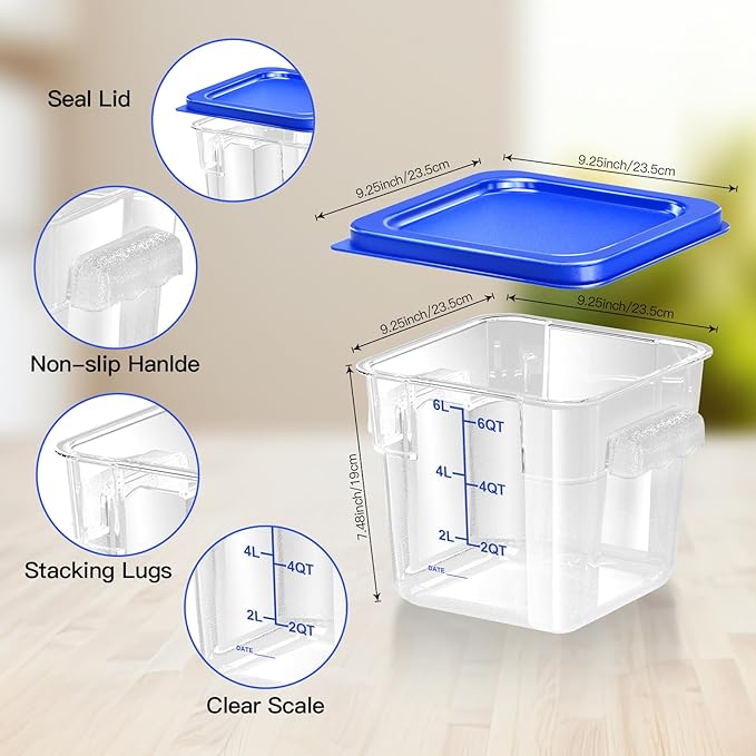 4 pcs 6qt Food Storage Containers with Lid, Square Clear Commercial Food Storage Containers with Handle and Scale for Food Storage in Home Kitchen & Dining (Blue)