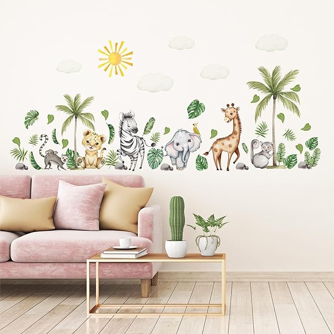 clothmile Watercolor Jungle Animal Wall Decals - Forest Animal Wall Sticker - Elephant, Lion, Monkey - For Kids, Baby Nursery, Playroom, Bedroom & Classroom Decor