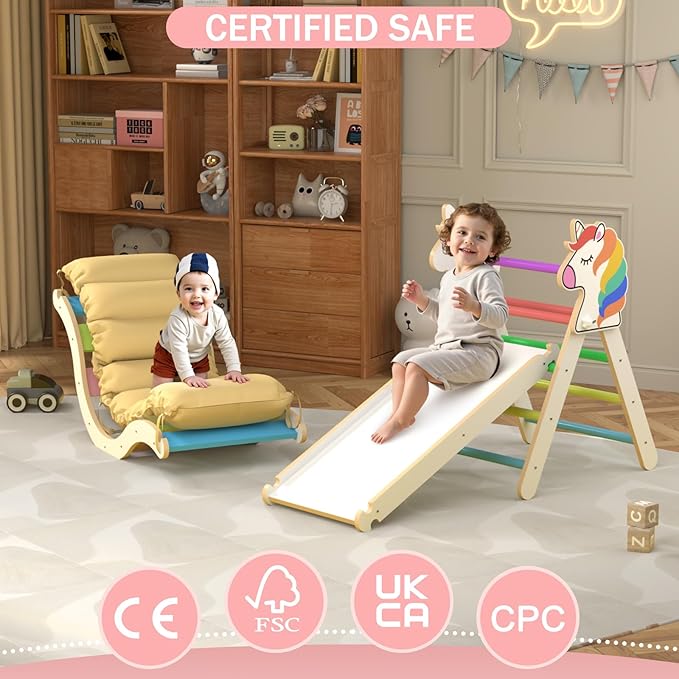 Pikler Triangle Set with Cushion, 9 in 1 Toddler Climbing Toys Indoor, Montessori Foldable Wooden Climbing Toys for Toddlers 1-3 Inside，Pikler Triangle Set Jungle Gyms Playground for Children