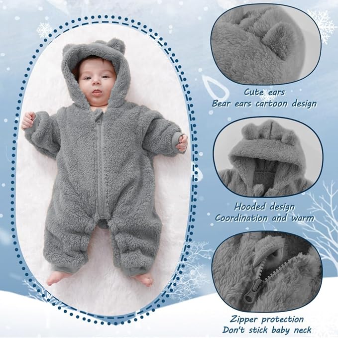 Newborn Baby Bear Outfit Suit Girls Boys Fleece Jumpsuit Romper Hooded Winter Snowsuit Clothes