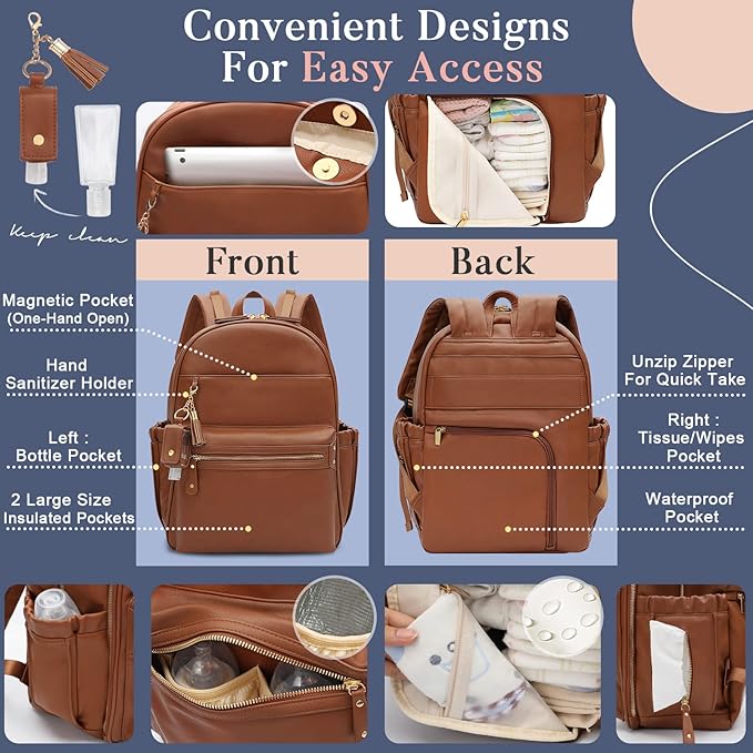 miss fong Diaper Bag, Diaper Bag Backpack, Baby Diaper Bag, Leather Diaper Bag Backpack with Changing Pad & Stroller Strap,Multi-function Large Capacity & Waterproof Travel Backpack, Brown