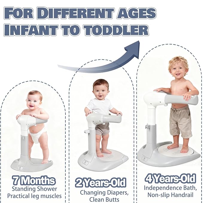 Baby Shower Stand Foldable Toddler Shower Standing Support with Anti-Slip Base Adjustable Infants Bath Support for 8-36 Months Portable Bath Helper (Upgraded-Grey)