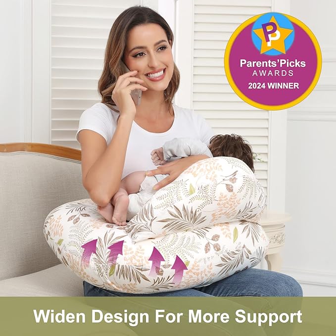 Nursing Pillow for Breastfeeding, Breastfeeding Essentials for Newborn, More Support for Mom and Baby, with Adjustable Waist Strap and Removable Cotton Cover (Big Leaves)