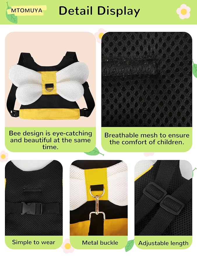 Toddler Harness with Anti Lost Wrist Link - Cute Children Leashes, Yellow Bees Baby Traction Safety Rope Leash with Key Lock Design, for Boys/Girls Walking Assistant