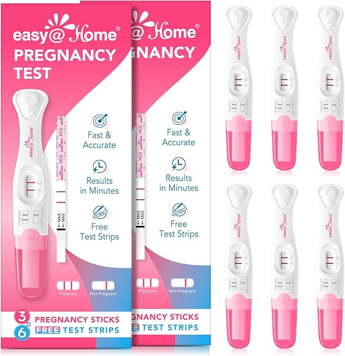 Easy@Home Pregnancy Test Sticks: Reliable & Early Detection - Accurate Results in Minutes - Easy to Use at Home | Pregnancy Tests with Curved Handle - 6 Sticks + 12 Strips