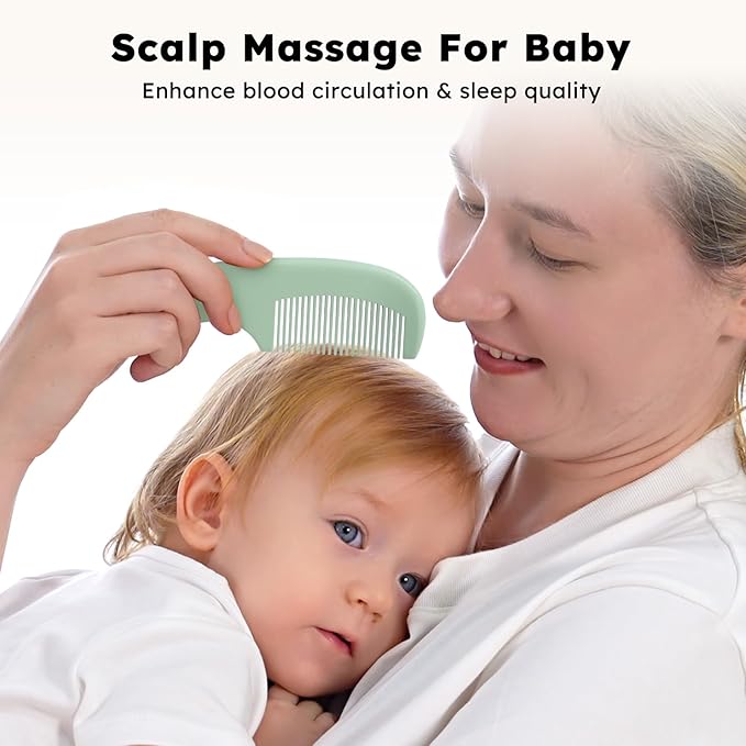 Yoofoss 4 Piece Baby Hair Brush and Comb Set，Wooden Baby Hair Brush with Natural Ultra Soft Goat Hair, Baby Comb Set for Boy, Girl - Green